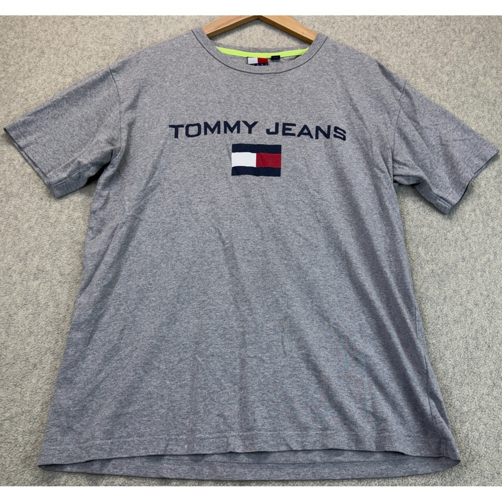 Tommy Jeans Mens Crewneck T-Shirt Heather Gray Relaxed Fit Flag Logo Graphic M